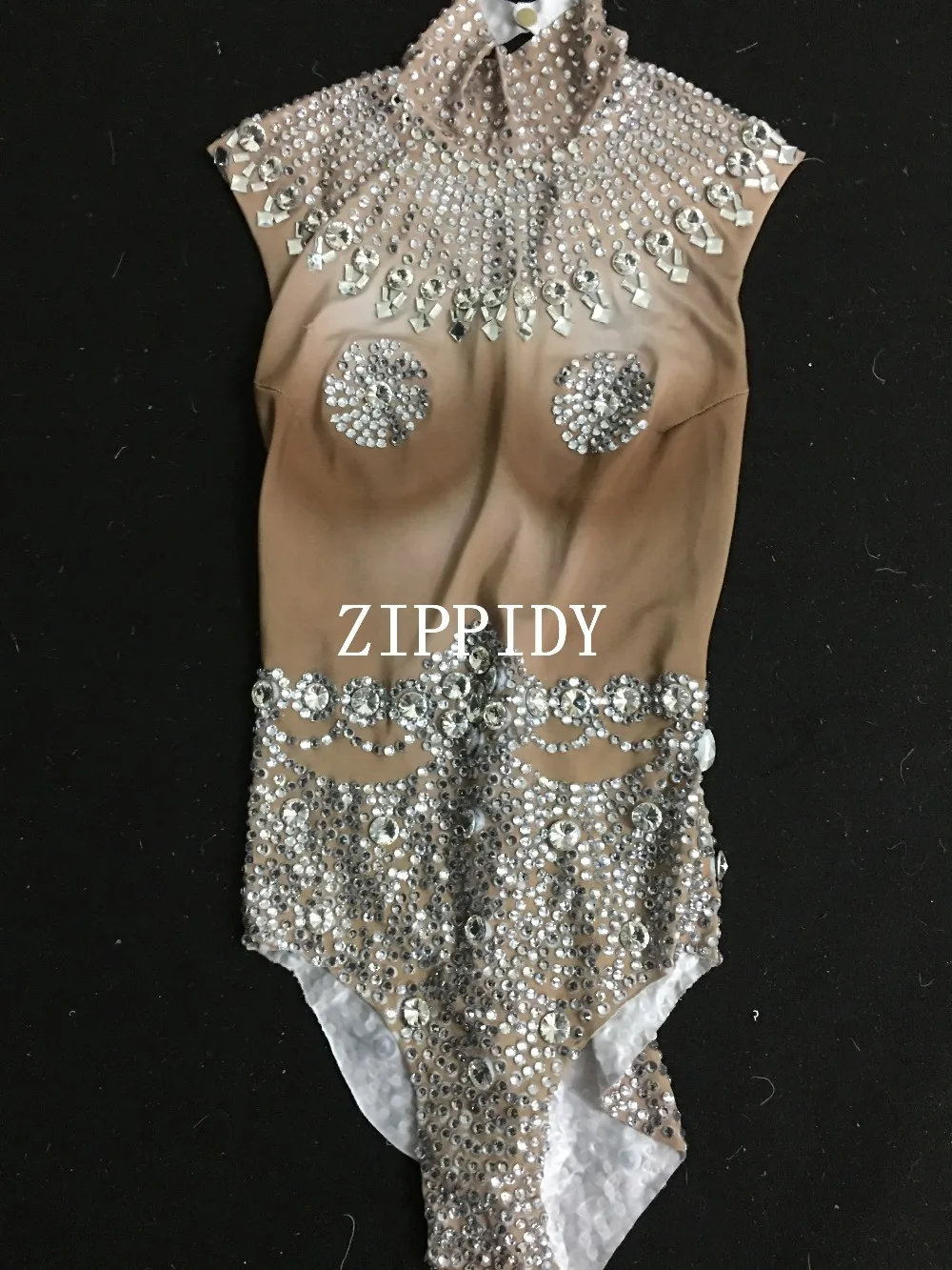 Sparkly ยืด Nude คริสตัล Leotard เซ็กซี่เวทีเต้นรำเครื่องแต่งกายนักร้องหญิง Bling Tassels Leotard เต้นรำสวมใส่