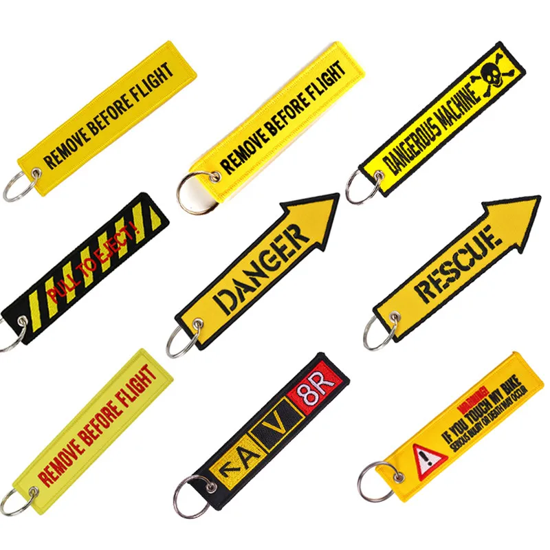 Wholesale Remove Before Flight Keychain Key Ring Embroidery Buckles for Motorcycle cloth Key Tag Yelloew Danger