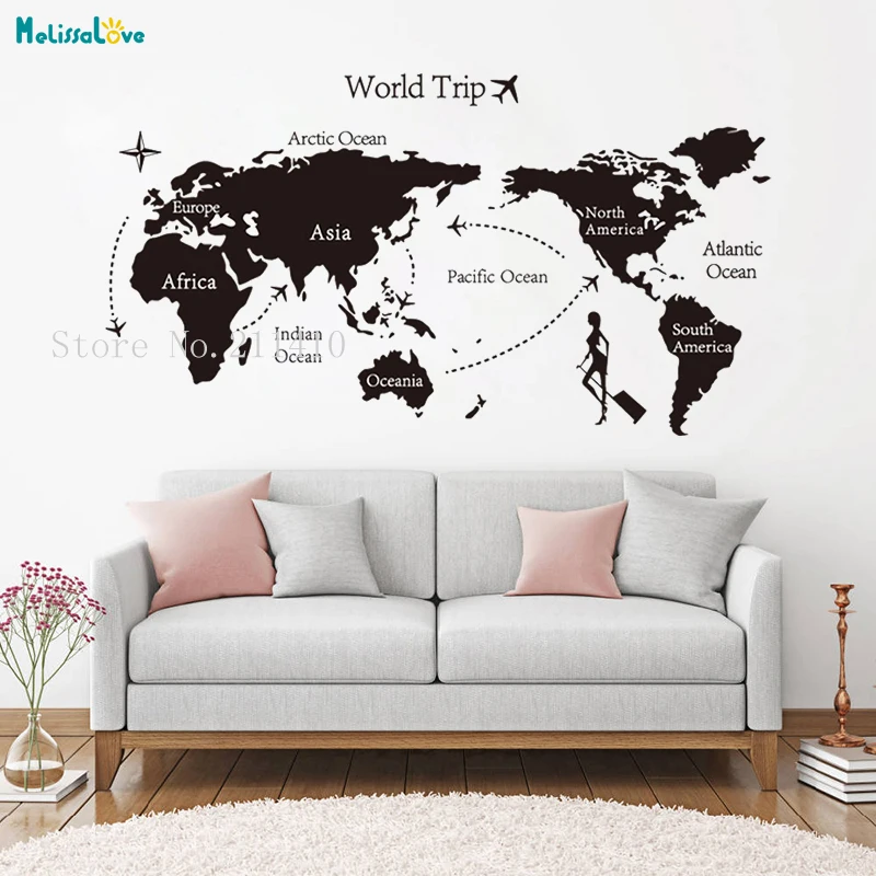 World Map Wall Sticker English Annotation of the Ocean and Continents Home Decor For Living Room Self-adhesive Art Murals YT676