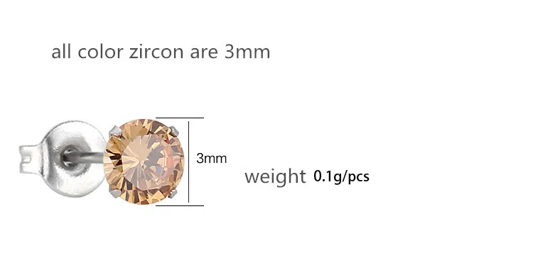 3mm Edelstahl-Ohrstecker mit AAA-rundem Zirkonia in Weiß, Schwarz, Braun, Gelb, IP-beschichtet, Allergiefrei, Farbbeständig, Schmuck – Detail 1