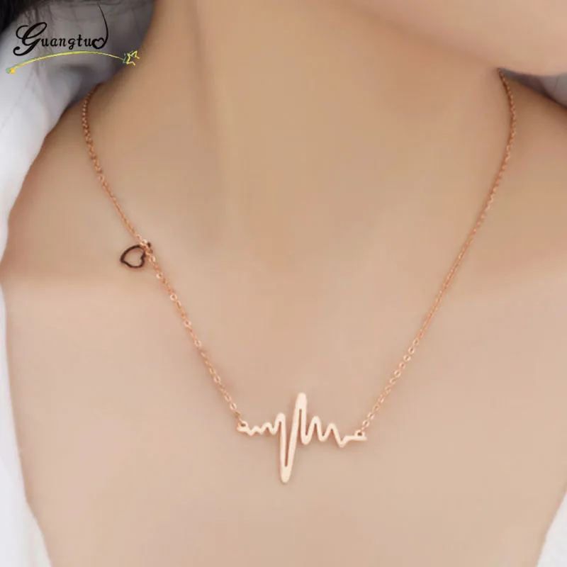 New Fashion ECG Pendant Love Heart Necklace Collier for Women Wedding&Engagement Jewelry Girl Gift Collares Long Clavicle Chain