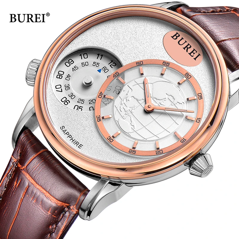 BUREI Brand Fashion Watch Men Luxury Waterproof Business Casual Leather Dual Time Zone Sapphire Quartz Wrist Watch Reloj Hombre