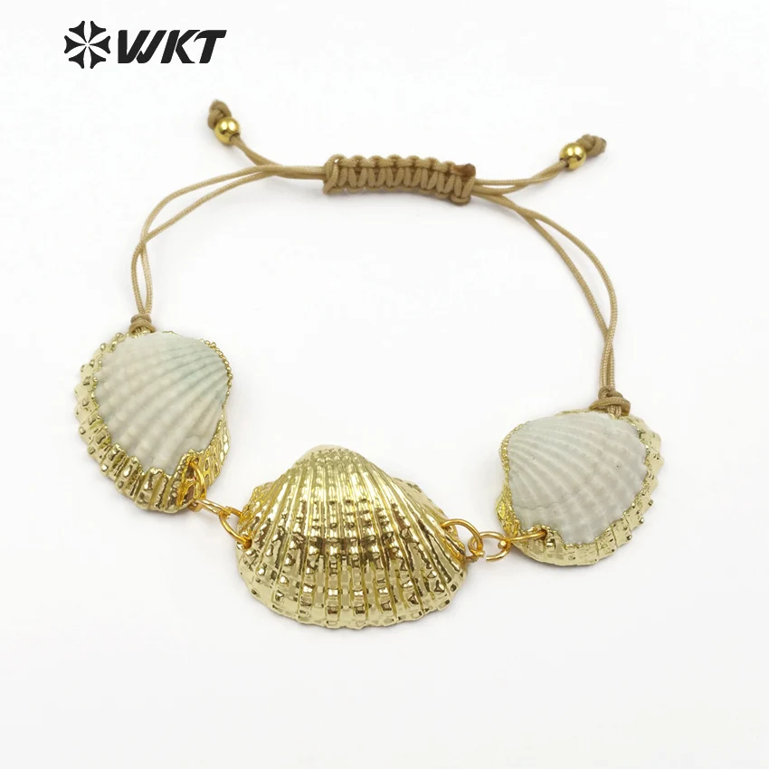 WT-B440 Special Design White Scallop Shell With One Full Metallic Shell Handmade Bracelet Women Sea Side Gold Bracelet Jewelry