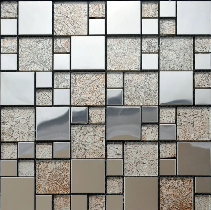 Flat Simple Silver Metal light coffee Glass Mosaic tile kitchen backsplash   fireplace wall tile decoration Home Improvement