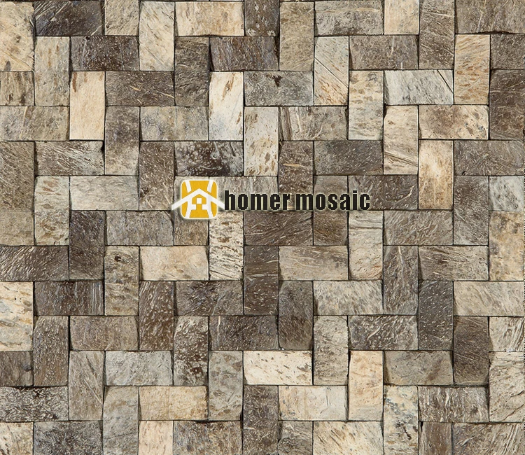 3D convex strip natural coconut shell mosaic tiles wall decor wall mosaic tiles rustic coconut square tiles