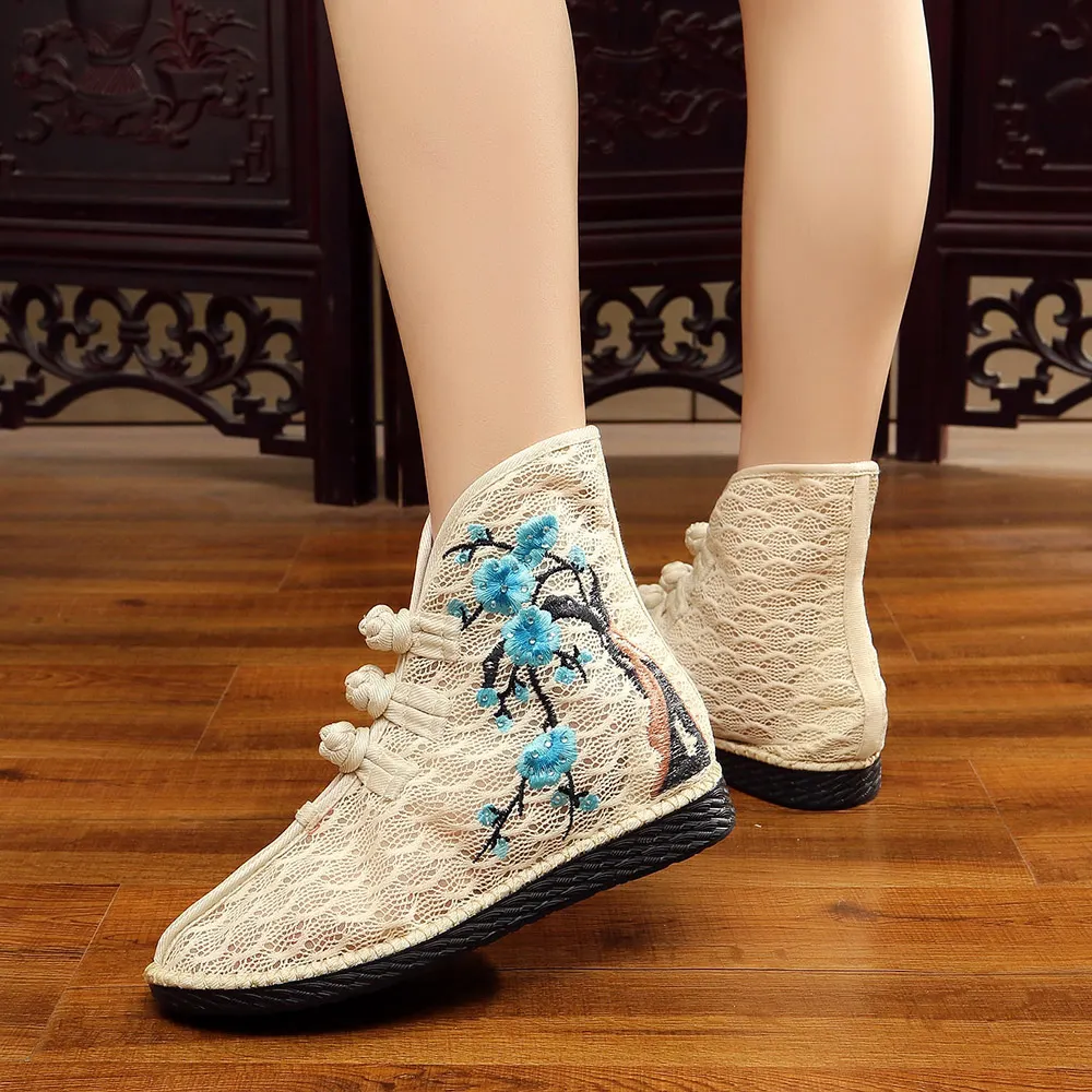 Veowalk Summer Spring Women Lace Fabric Short Boots, Breathable Cotton Embroidered Ankle Booties for Ladies Vintage Flat Shoes