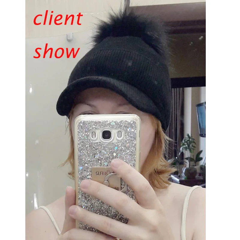 New Winter Fur Pompom Hat For Women Autumn Cotton Knitted Baseball Cap With Pompon Brand Visor Caps Ladies Skullies Beanies