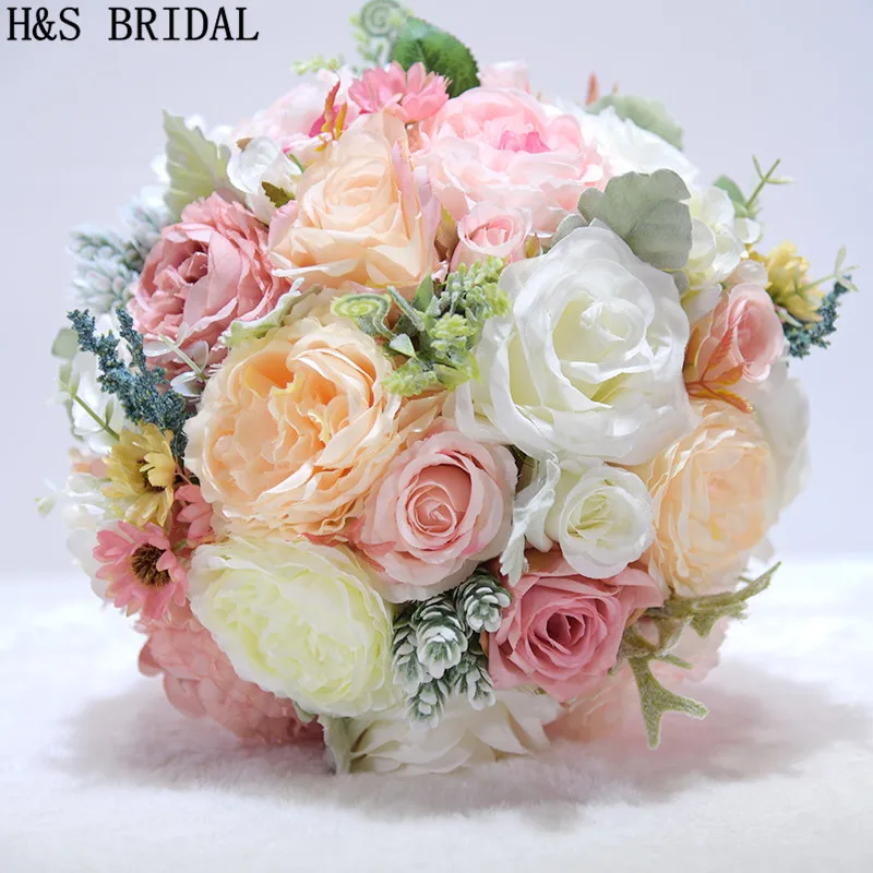 H & S BRIDAL 핑크 신부 꽃다발 자주색 꽃다발 De Mariage 신부를위한 인공 빈티지 결혼식 꽃다발 2020 신부 들러리 꽃