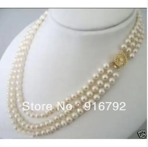 free P&P *****3rows 7-8MM white salt water pearl necklace 18'' -20