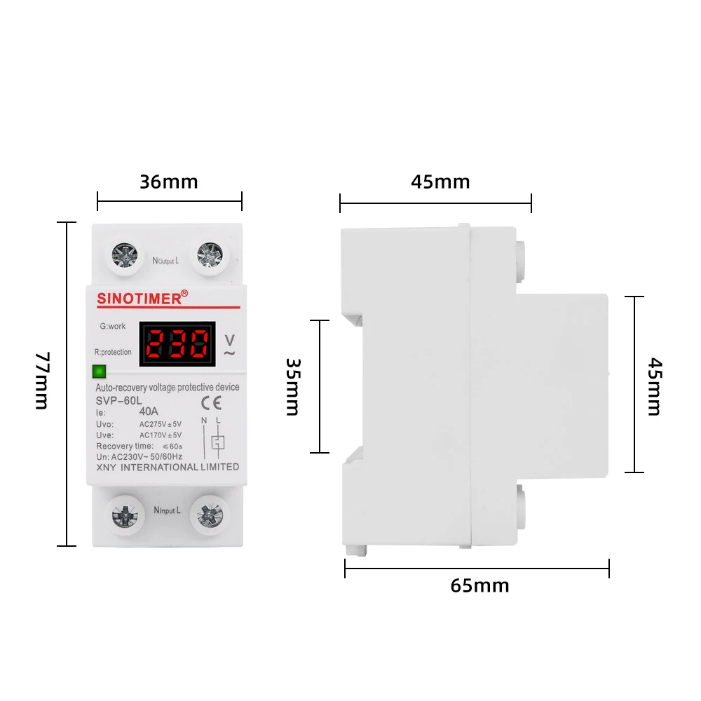 Home Usage 40A 63A Din Rail 230Vac 50Hz Automatic Reset Over and Under Voltage Protective Device Protector Relay