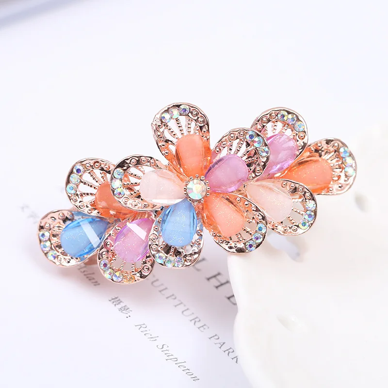 2018 New Luxury Crystal Hair Clip Opal Leaf Resin Flower Headwear Jewelry OL For Women Girls Elegant Barrettes Hair Accessorie