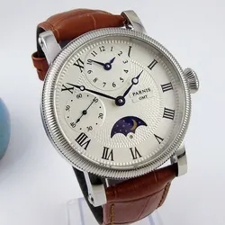 Sweet gifts 42mm parnis quadrante bianco Blue Marks cinturino in pelle GMT Moon orologio meccanico automatico da uomo