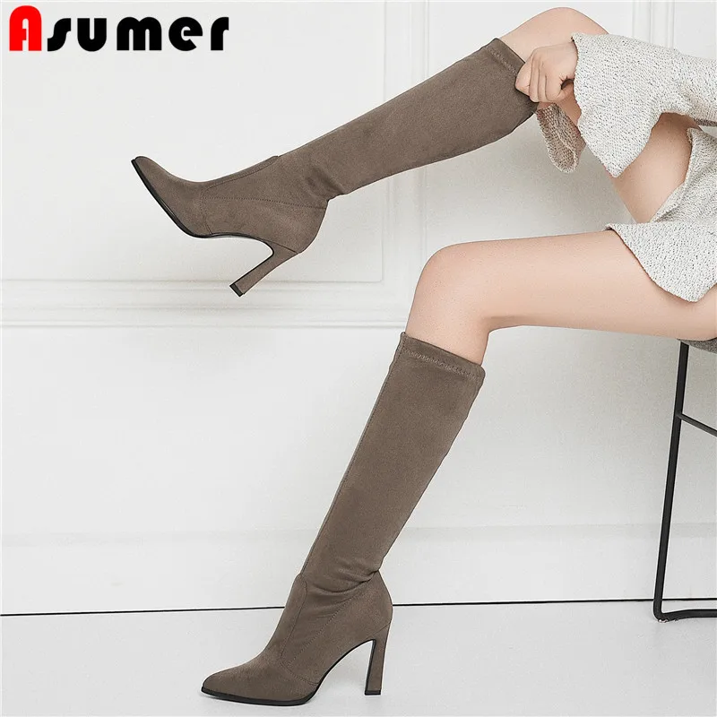 

ASUMER 2021 fashion autumn winter boots pointed toe thin high heels shoes knee high boots flock stretch boots large size 34-43