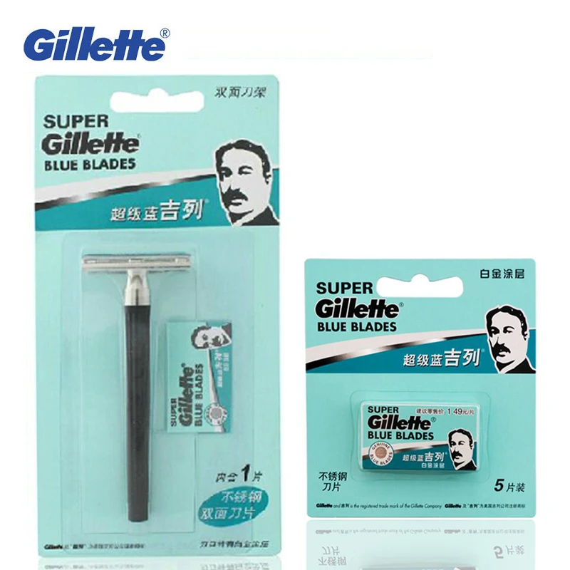 Gillette Super Blue Men Shaving Razors 1 Holder with 1 Blade +5 Blades Official Authentic Shavors Safety Razors