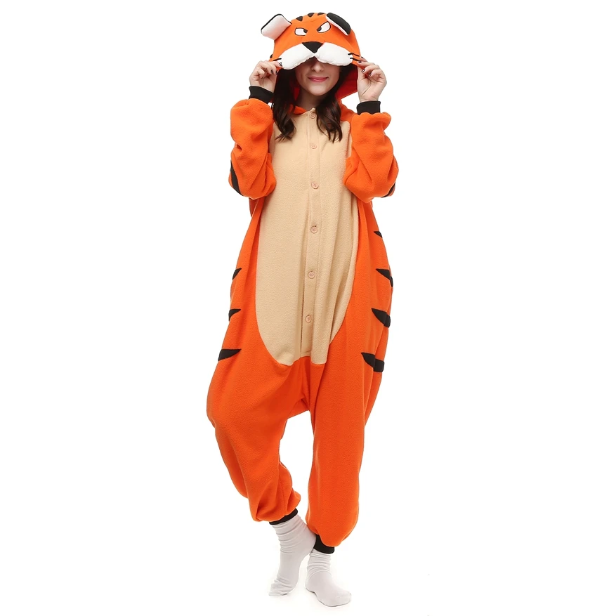 Adults Polar Fleece Kigurumi Women Bengal Tiger Costume Men Cartoon Animal Onesies Pajama Halloween Carnival Party Jumpsuit