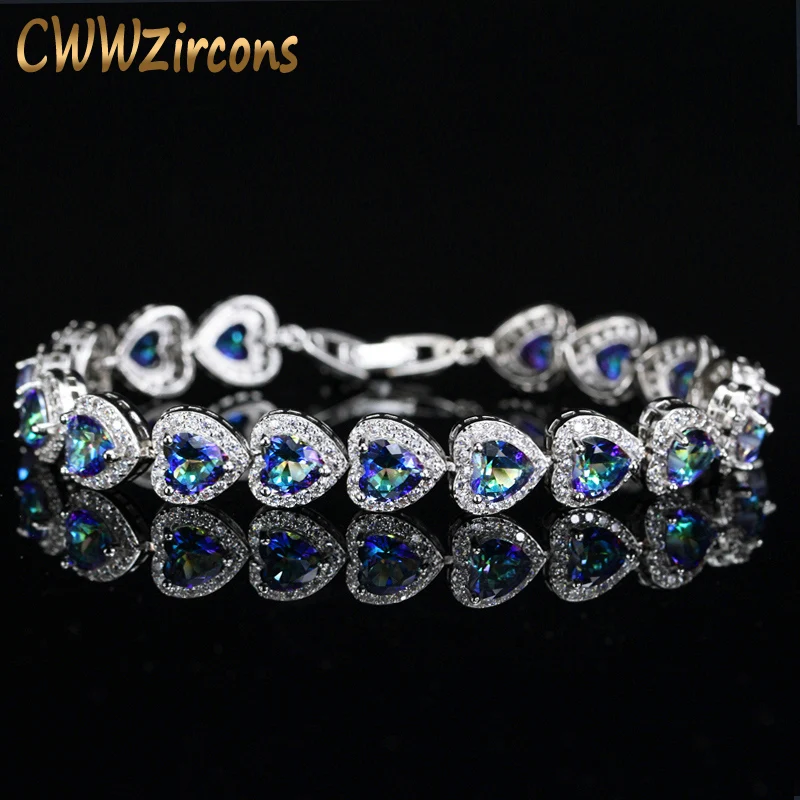 CWWZircons Classic Gorgeous Mystic Light Blue Crystal Love Heart Shape Bracelet for Women Wedding Bridal Gift Jewelry CB173