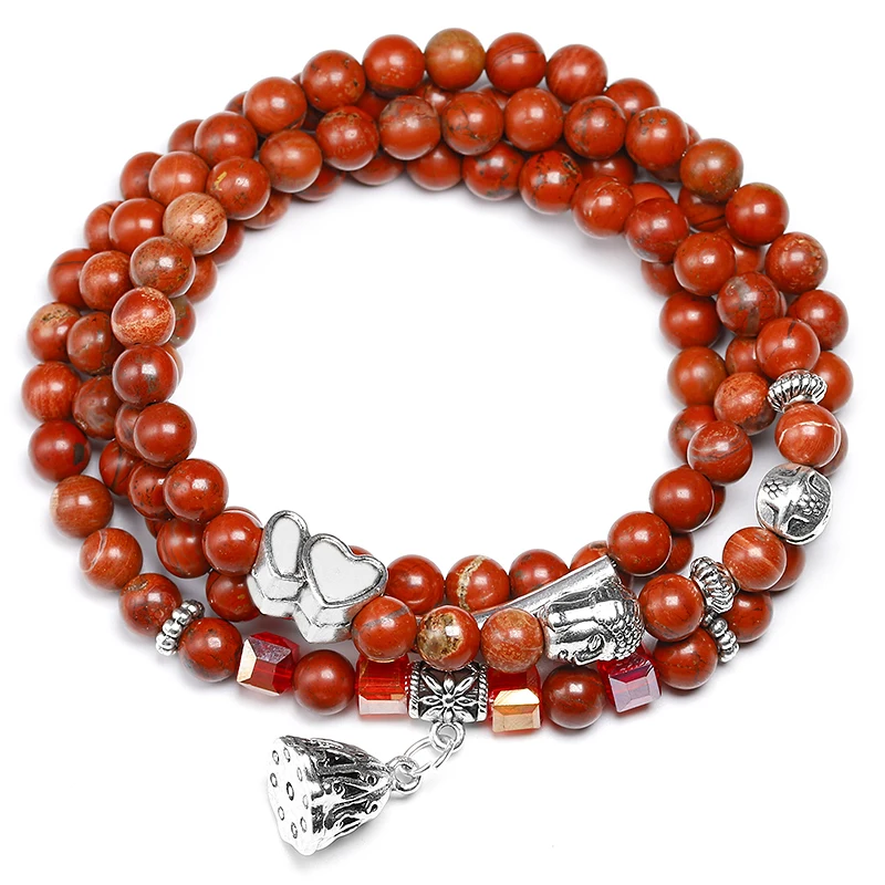 108 Mala Beads Natural Red Stone Beads Wrap Bracelet Crystal Yoga Necklace Meditation Rosary Lotus Alloy Charm Bracelets