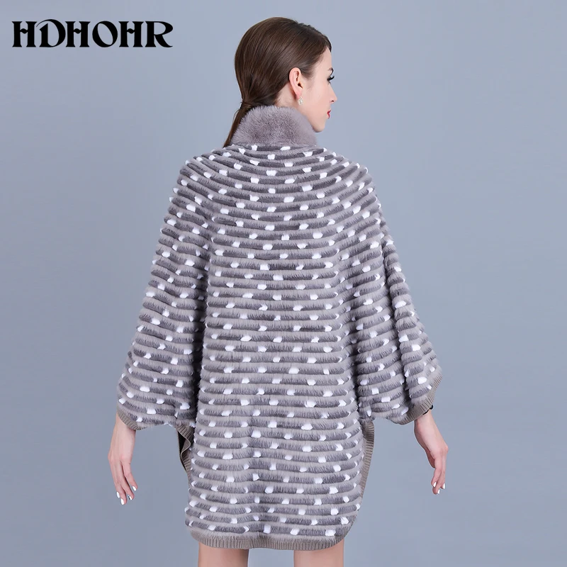 HDHOHR 2025 abrigo de piel de visón auténtica para mujer, abrigos de visón tejidos naturales, manga de murciélago, chaquetas de piel con cuello mandarín cálidas para invierno