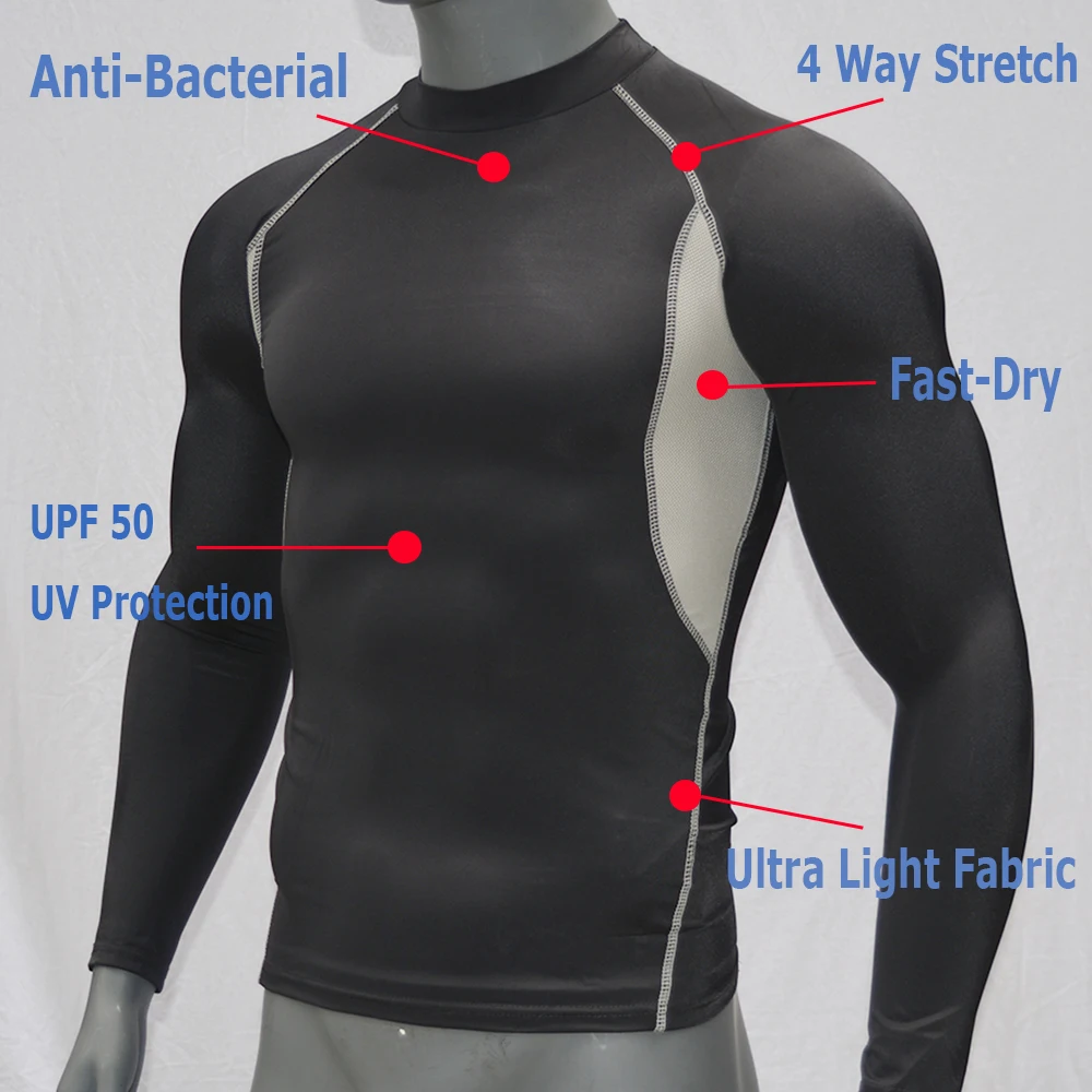 BLACK-Long Sleeve/Breathable Surf Rash Guard Shirt UPF 50 Quick Dry Top Swimwear Rashguard Surfing T Shirt For Swimming Dropship