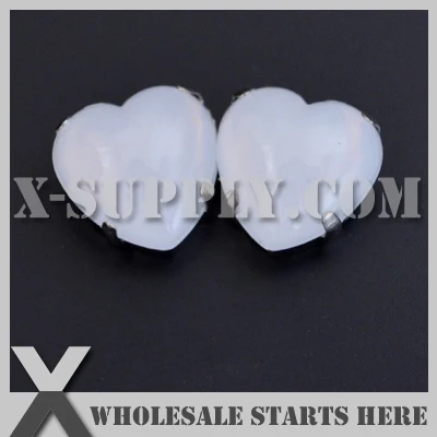 8mm Mounted H2 White Opal Heart Cabochon Acrylic Rhinestone Chaton in Silver NICKEL Sew on Setting for Shoe,Garment