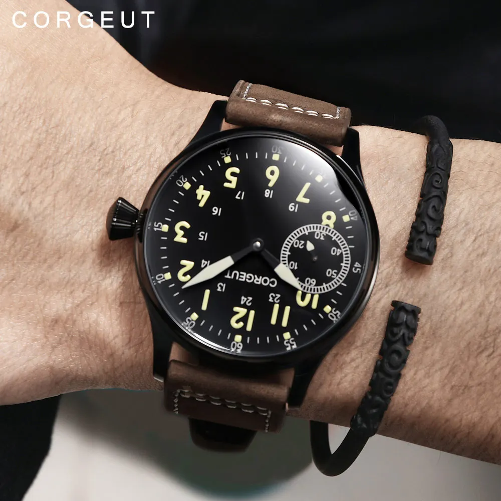 Corgeut Fashion Leather Top Luminous Mechanical Hand Winding Men Watch 17 Jewels ST3600 Seagull 6497 Movement Sport Wristwatch