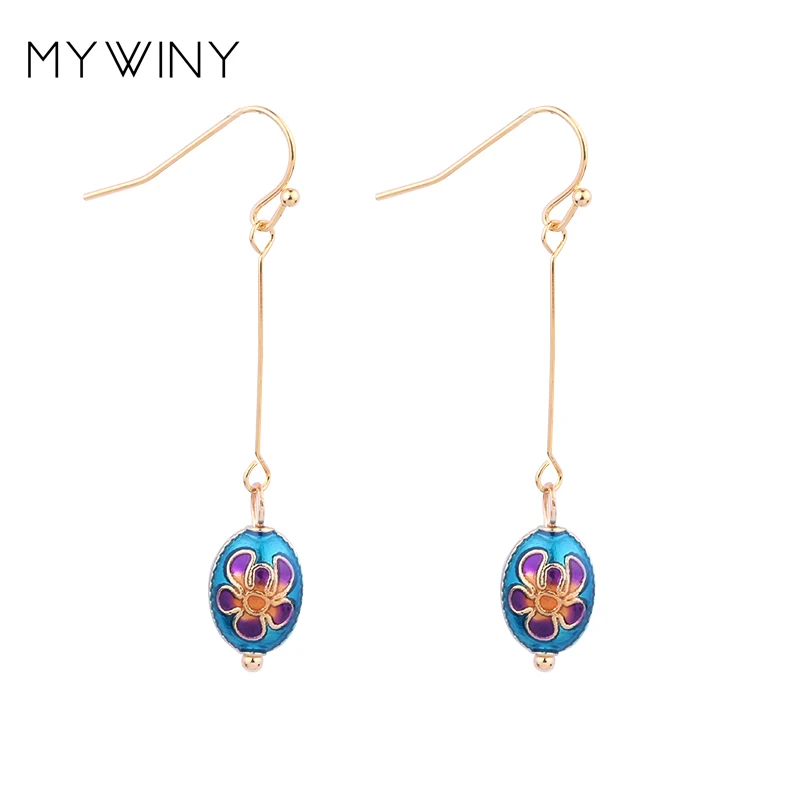 MYWINY New  fashion jewelry Cloisonne Bean earrings women, Chinese wind enamel long hook earrings