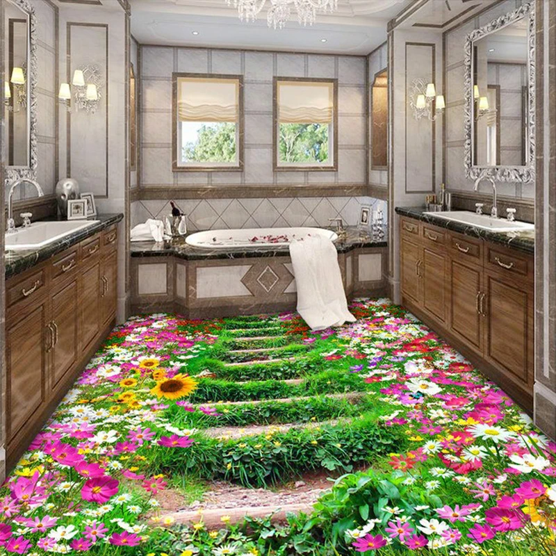 

beibehang Custom 3D Self adhesive Flooring Flower Trail Modern Bathroom Kitchen Floor Mural Paintings Waterproof Vinyl Wallpaper