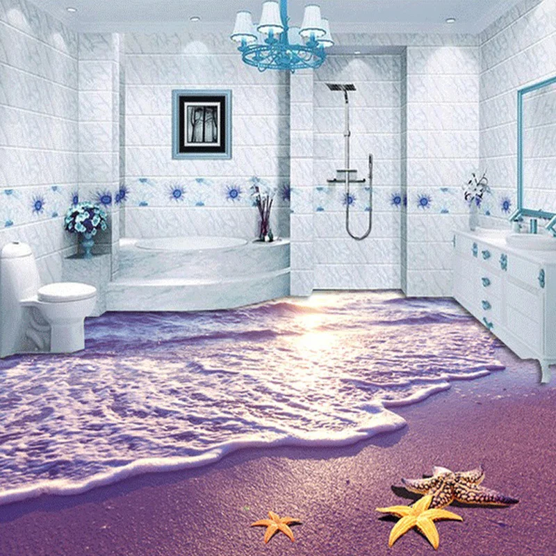 Custom Photo Wallpaper 3D Beach Ocean Wave Starfish Living Room Bathroom Floor Stickers Waterproof Self-adhesive Wallpaper Mural