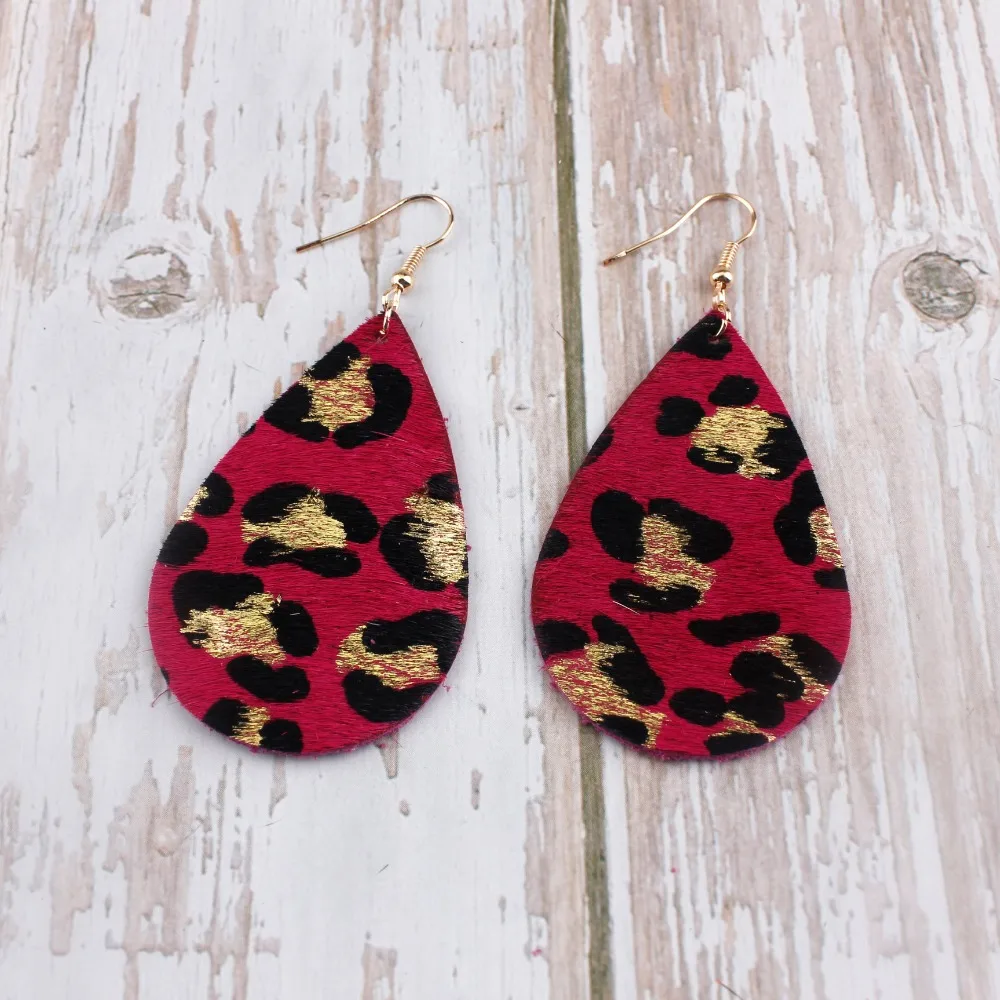 ZWPON Leopard Genuine Leather Teardrop Drop Earrings Burnt Leopard Dot Teardrop Earrings for Woman Jewelry Wholesale