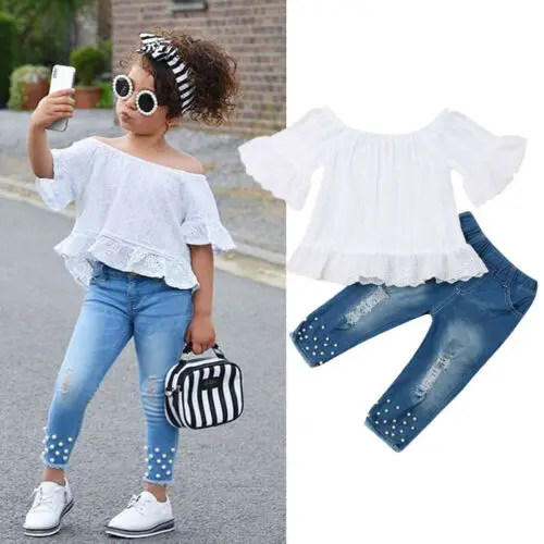 Criança crianças roupa de renda crianças roupas de verão blusa da menina do bebê topos camisa denim calças compridas jeans 2 pçs roupas conjunto