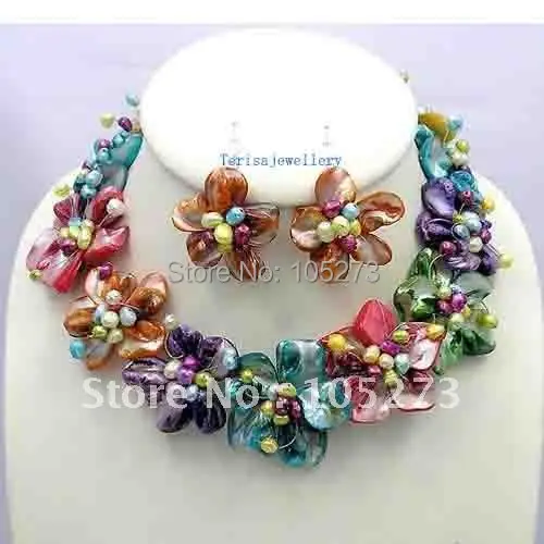 New Arrive Colorful Mother Of Pearl Shell Freshwater Pearl Flower Necklace/Earrings Set 18inch Fashion Party Jewelry Wholesale