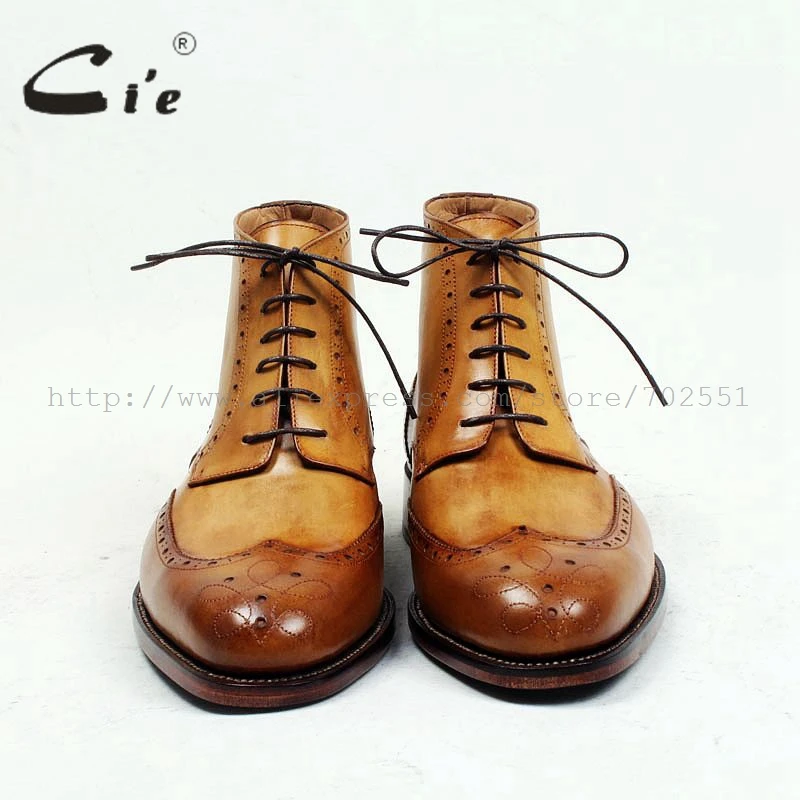 cie round toe full brogues medallion 100%genuine calf leather boot patina brown handmade leather lacing men's ankle boot  A98