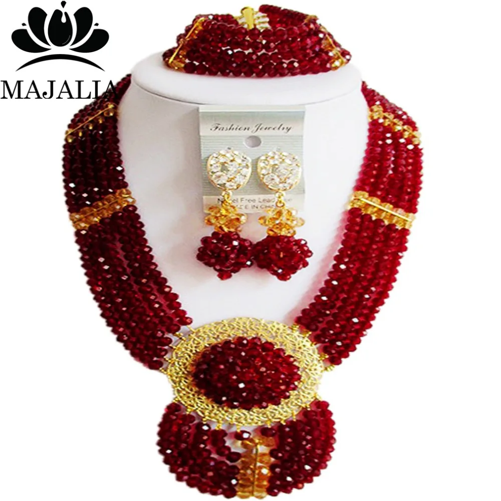 Majalia Fashion Nigeria Wedding African Beads Jewelry Set Wine burgundy Crystal Necklace Bridal Jewelry Set Free Shipping 6DN029