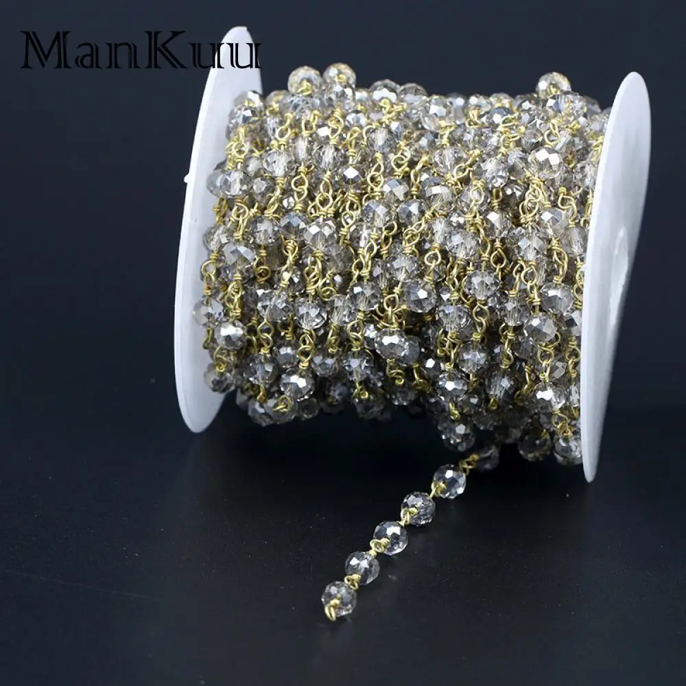 Mankuu 4*6mm Rondelle Natural Stone Bead Gold Plating Grey Smoky Crystal Chains For Handmade DIY Jewelry Making 5M/Lot