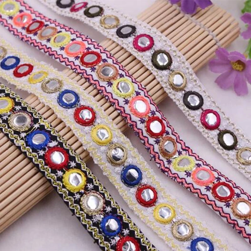 1 yard Indian Mirror Trim Boho lace Multicolour Lace Sewing Accessory for fashion cloth Bags home deco accessory