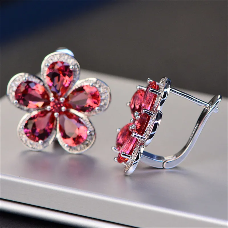 Clip Earrings For Women S925 Flower Artificial Ruby Ear Studs Vintage Bridal Wedding Brincos Fine Jewelry