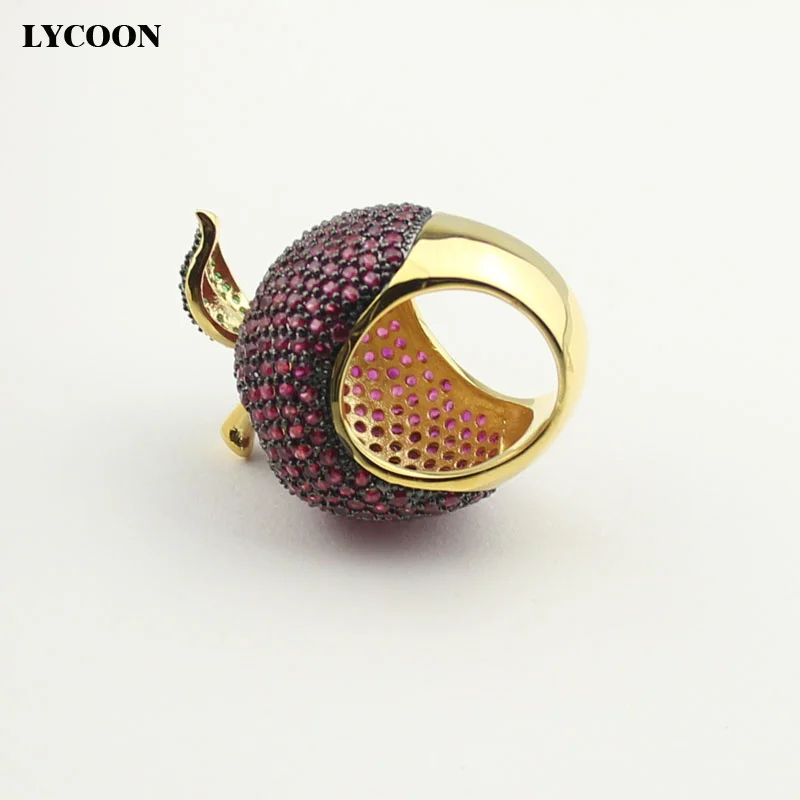 LYCOON elegant crystal apple rings food style yellow gold-color luxury prong setting rose red/green Cubic Zirconia for women