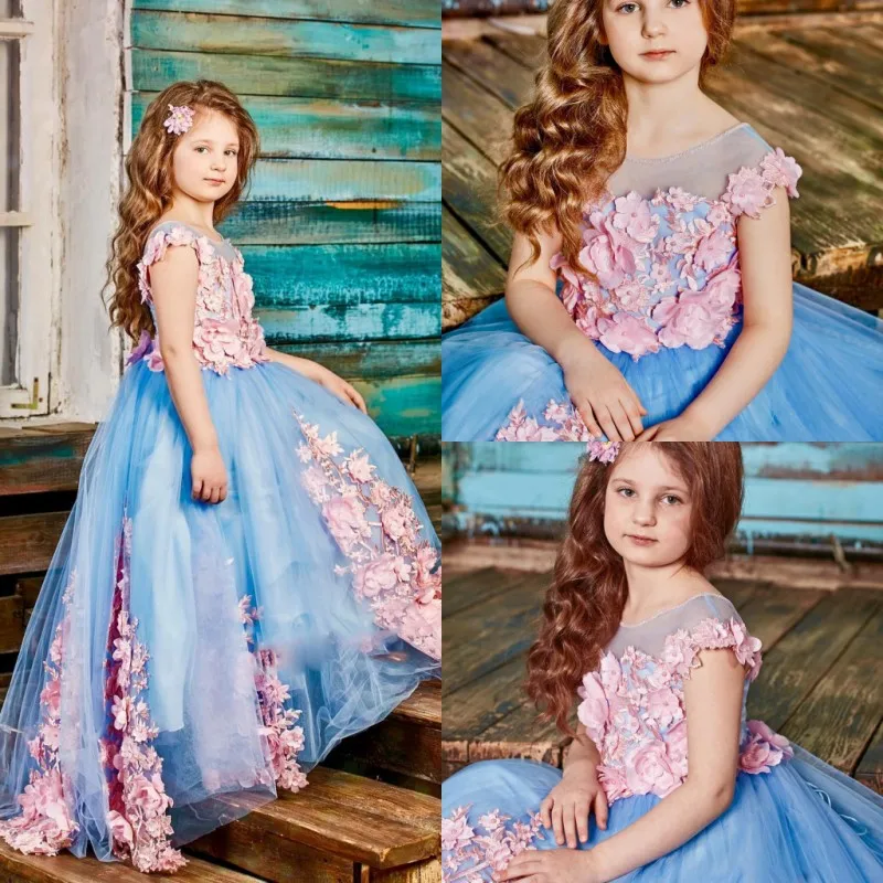 

Custom Made Flower Girl Dresses Pageant Gowns Short Sleeve 3D Floral Appliques Tulle Girls Communion Dress