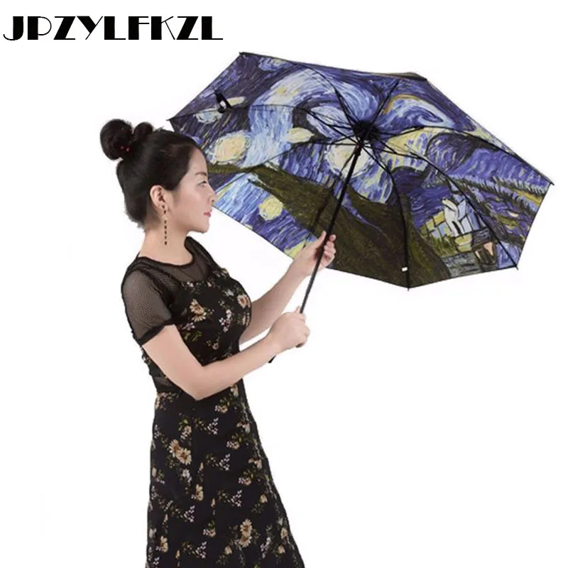 

2018 Hot Sale Brand Folding Umbrella Female Windproof Paraguas Van Gogh Oil Painting Umbrella Rain Women Quality Umbrellas