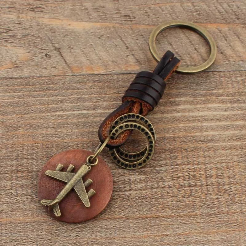 New Vintage Key chain Handmade Leather Keychain Round Wood Bronze Airplane Pendant New Car Key Ring