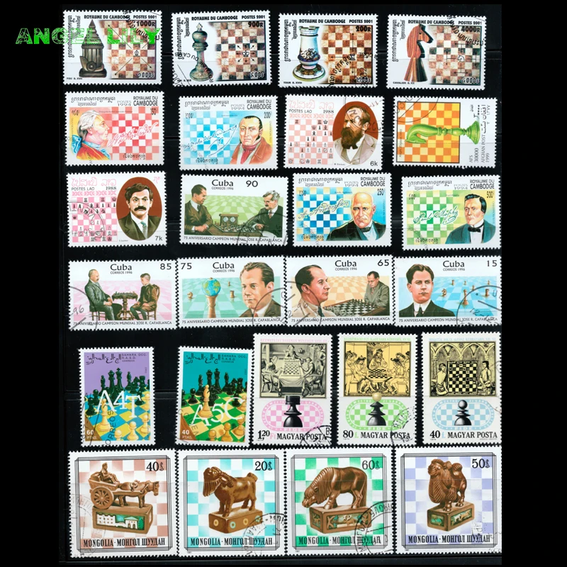 50 PCS / lot Topic Chess All Different Middle And Big Size World wide Lot Unused Postage Stamps With Post Mark For Colleciton