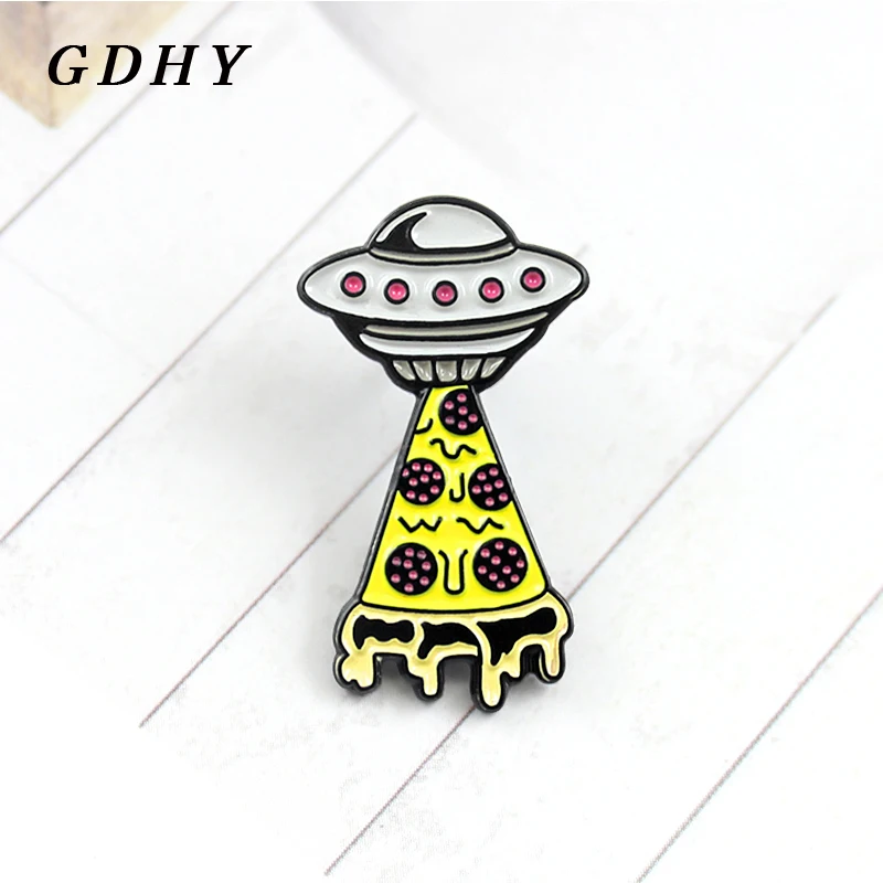 GDHY UFO Space Ship Yellow Pizza Brooch Enamel Pin Mysterious Space Universe Outer Spaceship Lapel Pins  Astronomy Lover Gift