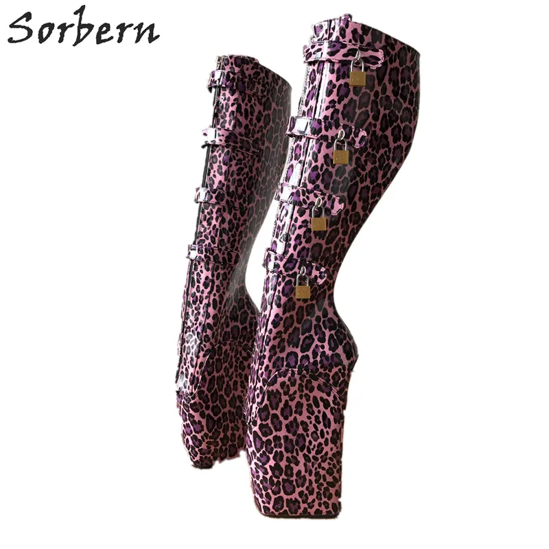 Sorbern Pink Leopard Boots Women Fetish High Heel Knee High Booties High Heels Women Ballet Heelless Wedges Boots Slip On