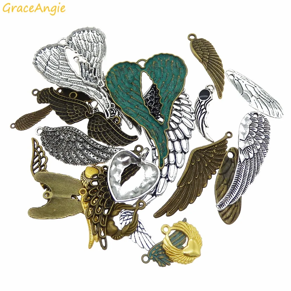 GraceAngie 15pcs Zinc Alloy Assorted Wings Feather Shape Vintage Charms Mixed Randomly DIY Pendant Jewelry Finding 10-85mm