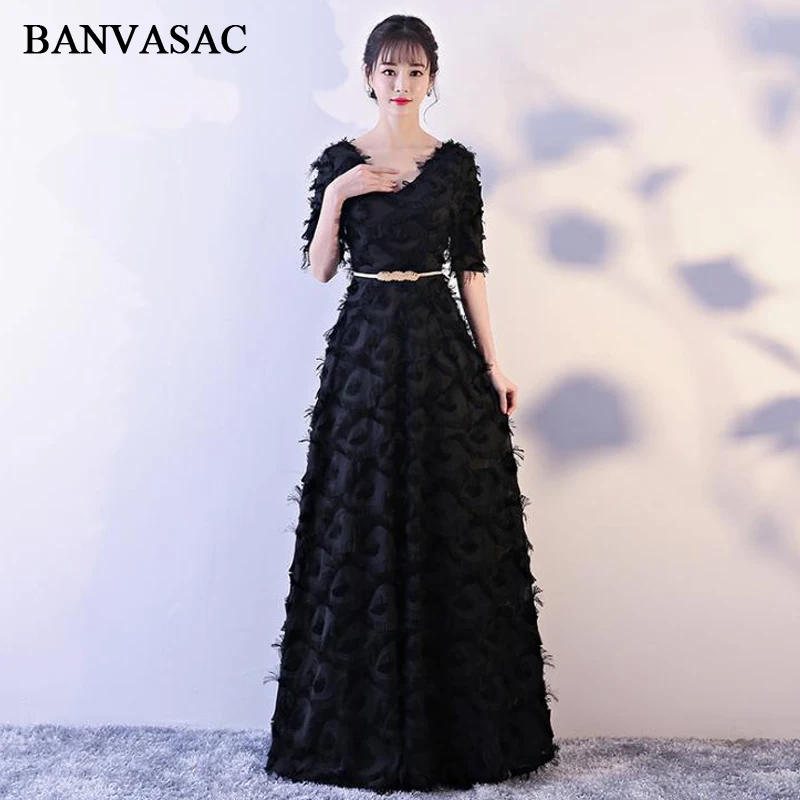 BANVASAC V Neck Feathers A Line Long Evening Dresses Party Half Sleeve Sequined Leaf Sash Backless Prom Gowns