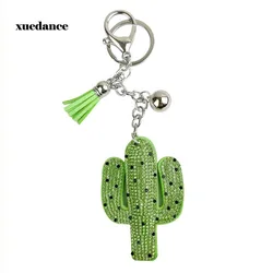 Cute Cactus Shiny Keychain with Rhinestone Tassel Key Chain Keychains For Women Car Bag Accessories Pendant Simple Key Ring