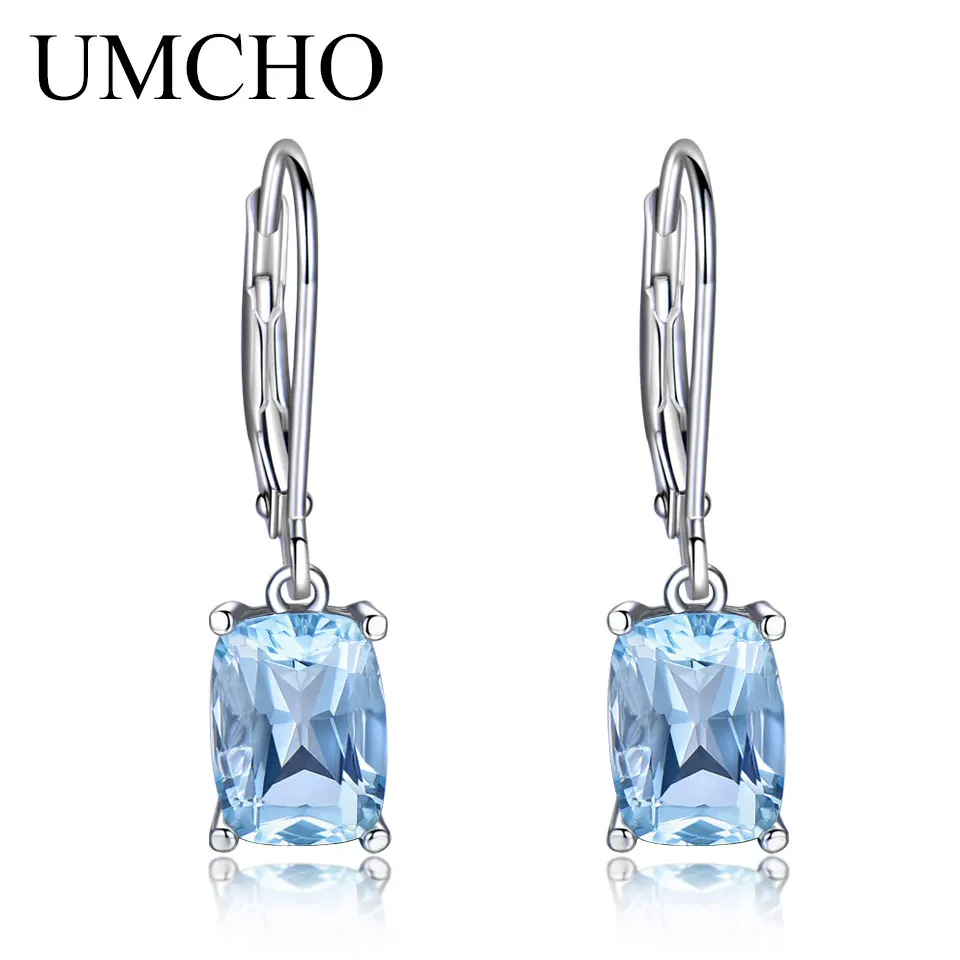 UMCHO Blue Topaz Gemstone Drop For Women Solid 925 Sterling Silver Dangle Earrings Bridal Wedding Jewelry Gifts for Her