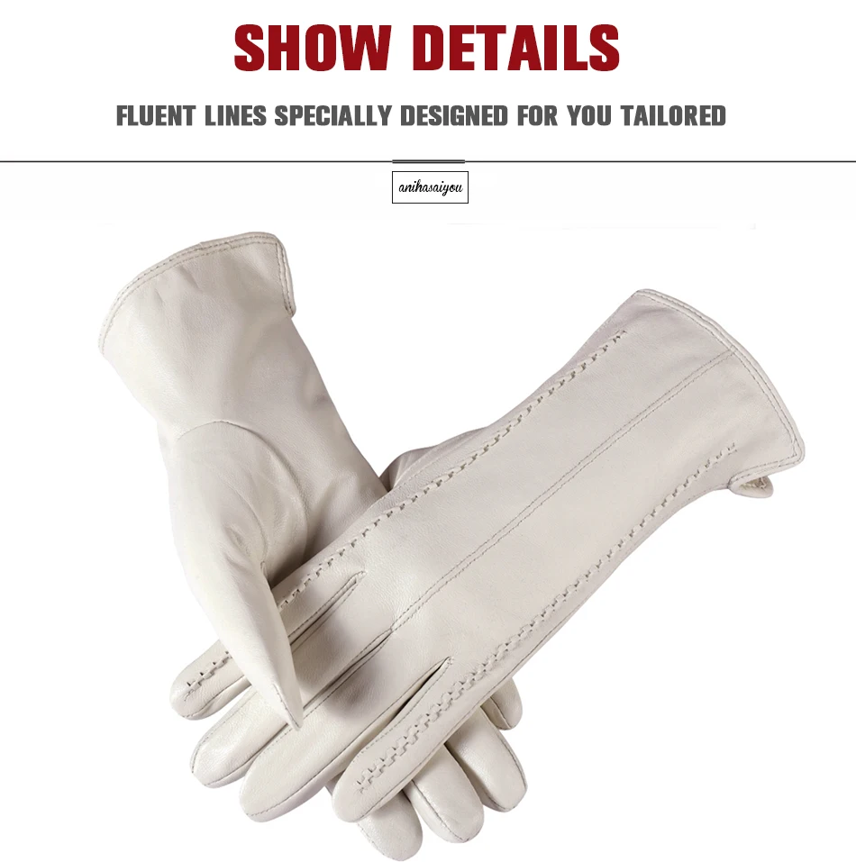 White Leather Women's Gloves, Genuine Leather, Cotton Lining Warm, Fashion Leather Gloves, Warm Winter Gloves -2226