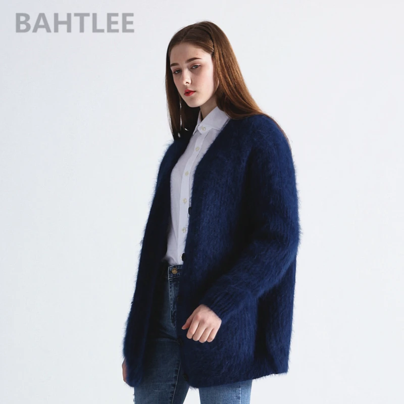 BAHTLEE-Women\'s Mink Cashmere Knitted Cardigans, V-Neck Sweater, Button Pocket, Thick, Keep Warm