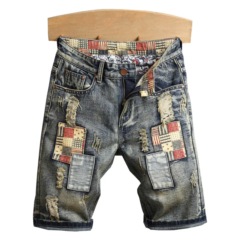 

Idopy Mens Ripped Jeans Shorts Summer Vintage Retro Patches Distressed Washed Plus Size Denim Shorts Male Jean Shorts For Men